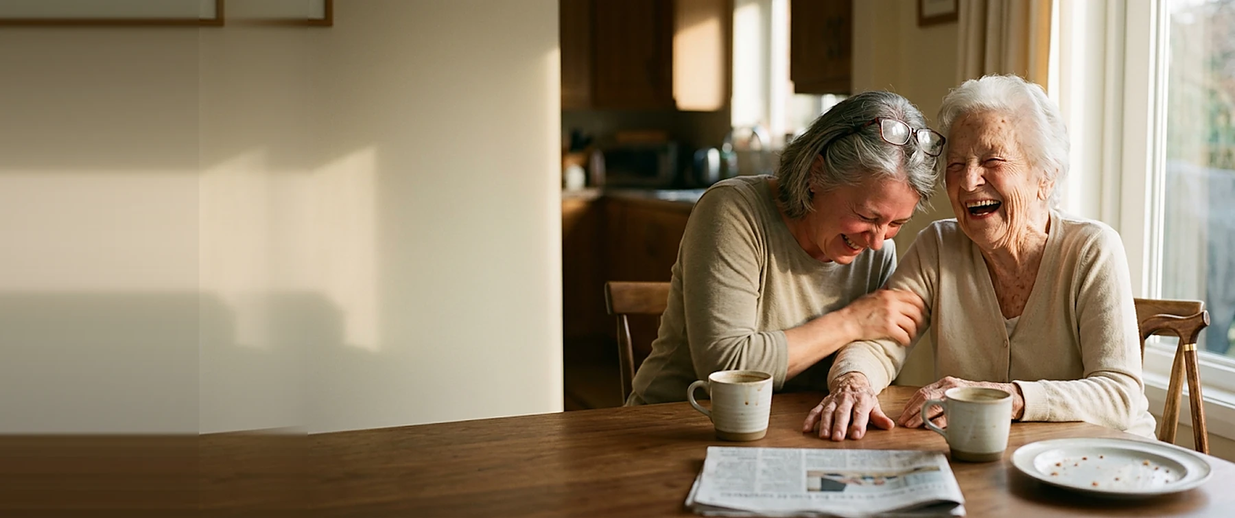 A woman in her eighties and her adult daughter doubled over laughing together at a kitchen table in late afternoon light.
