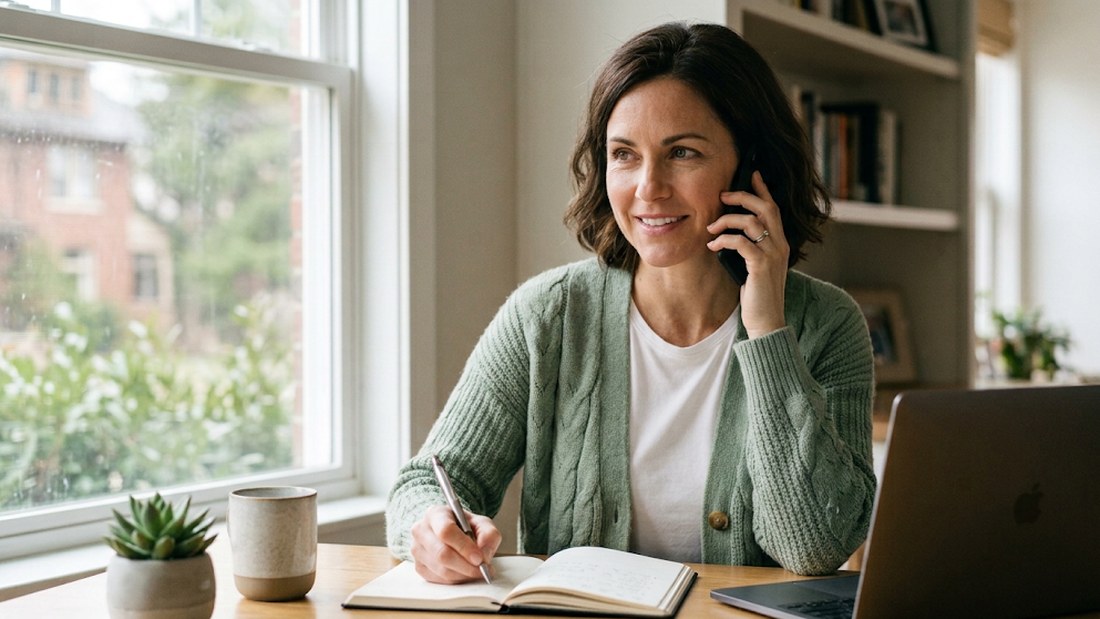 Your Framework coordinator at her desk, on a call.
