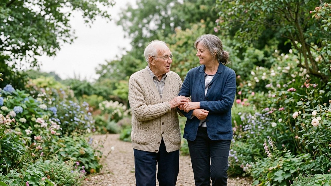 An adult daughter and her father walking arm in arm along a garden path.