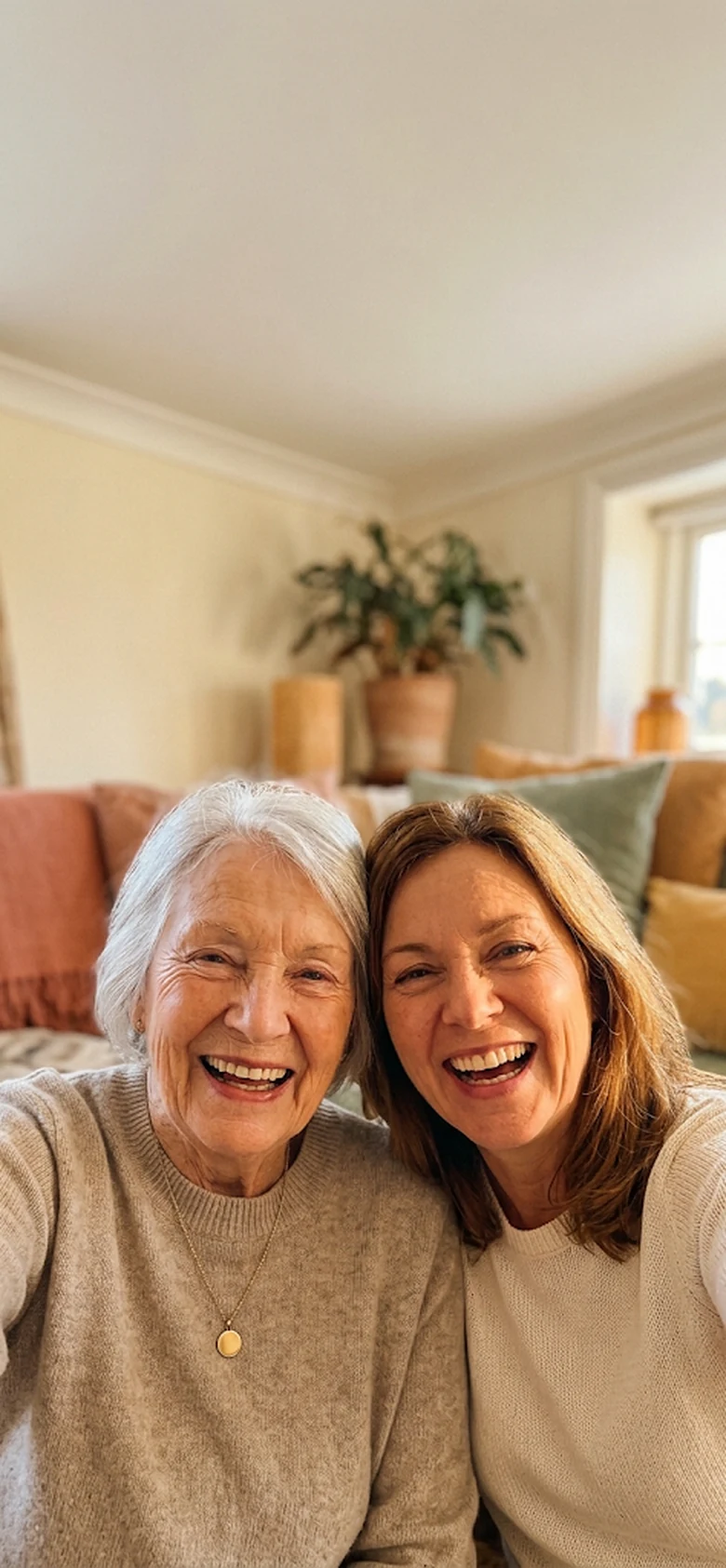 A woman in her eighties and her adult daughter, cheek to cheek and laughing, on the sofa at home.